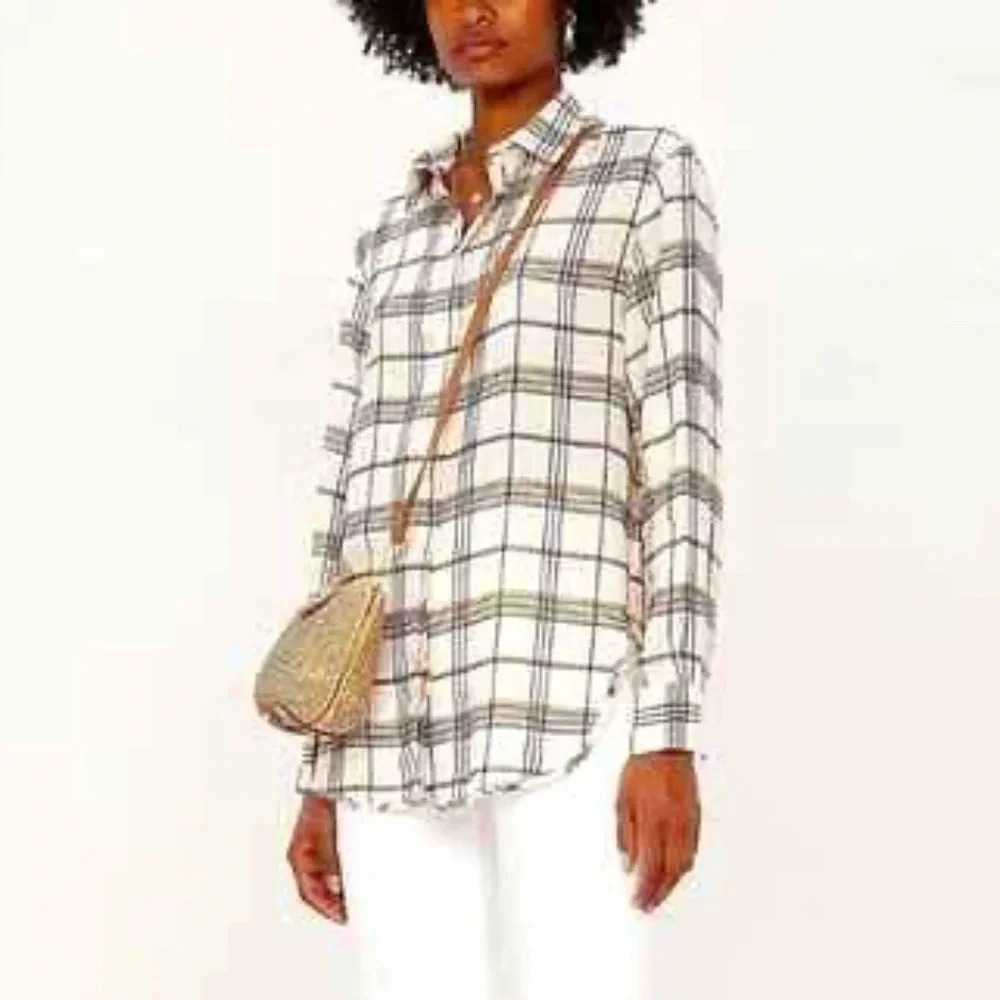 MAJE Capali Carreaux Beige Check Twill Button Up Shirt Blouse, Size M